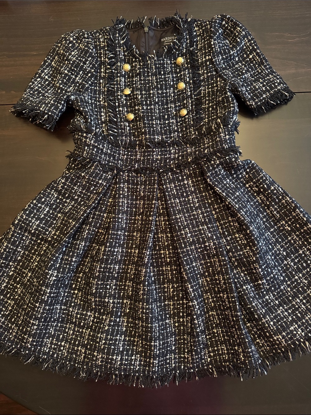 Black, White & Gold Bardot Junior Tweed Dress with Gold Buttons